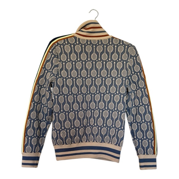 Tory Burch Tech Knit Jacquard Tennis Racquet Full-Zip Jacket Preppy Blue Medium - Picture 10 of 13